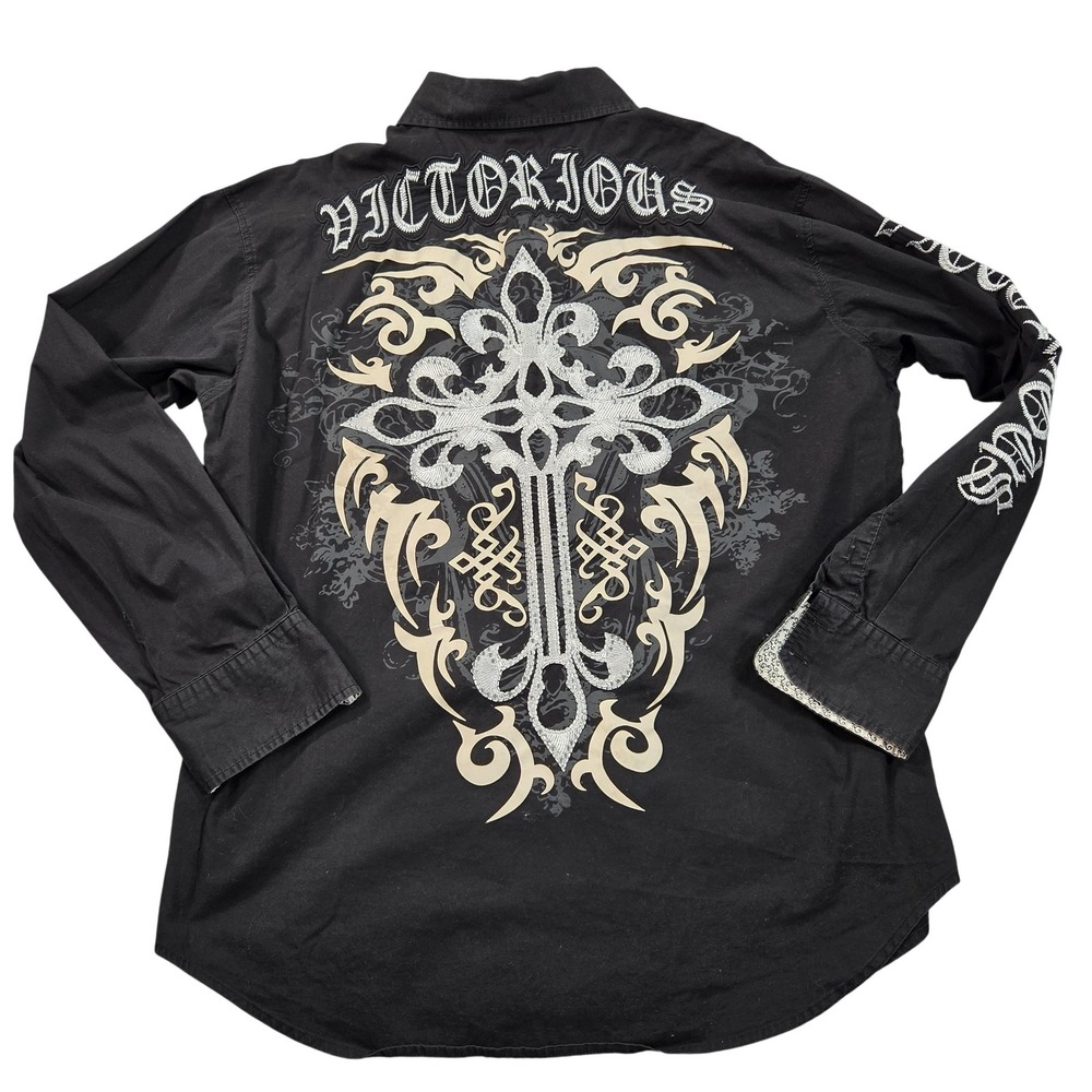 Victorious Shirt Mens XL Black Cross Graphic Long Sleeve Button Up Cuffs